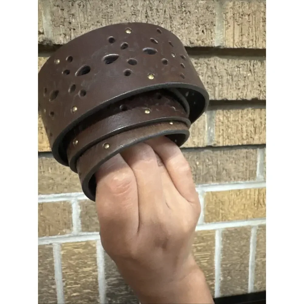 Leather Floral Laser Cut Belt Women’s M/L Tan Boho Brass Buckle